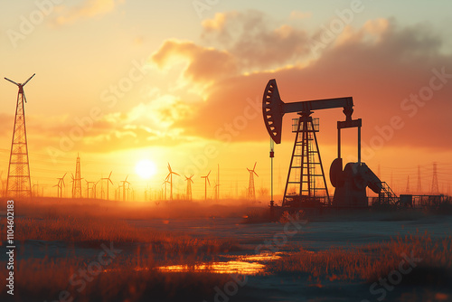 Oil well pump with oil derricks in the background against the sky. Oil and gas industry concept. 

 photo