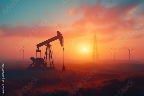 Oil well pump with oil derricks in the background against the sky. Oil and gas industry concept. 

