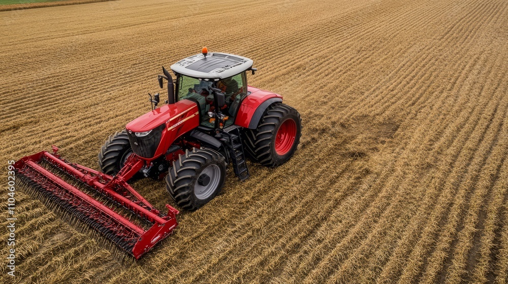Obraz premium A tractor with a large tiller attachment cultivating a freshly harvested field