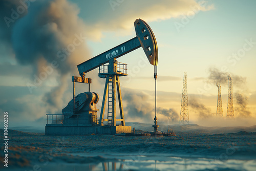 Oil well pump with oil derricks in the background against the sky. Oil and gas industry concept. 

