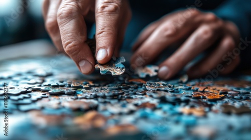 Close-up of hands skillfully placing a puzzle piece, illustrating the intricacy of problem-solving and the contemplative nature of piecing together a complex image.