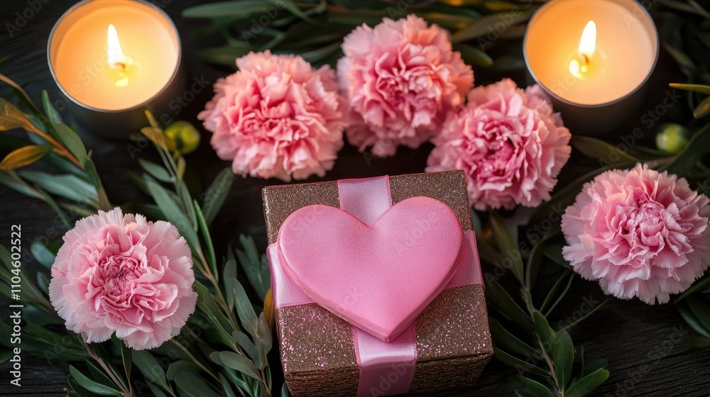 Romantic pink gift box surrounded by flowers and candles Romantic pink gift box surrounded by flowers and candles