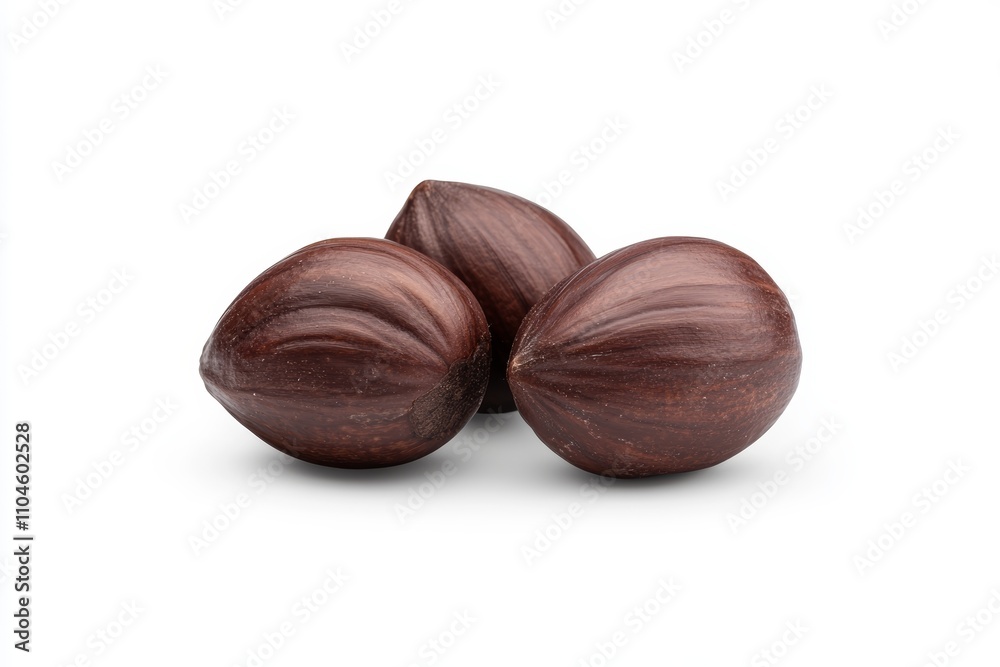 Fototapeta premium Close-up of three brown hazelnuts on a white background