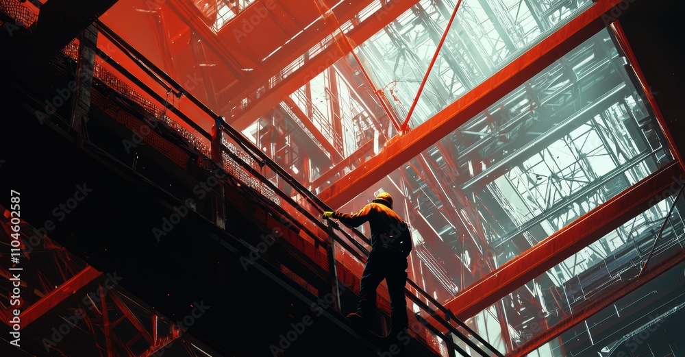 Steel frame construction worker tightening bolts in urban environment - safety emphasis Steel frame construction worker tightening bolts in urban environment - safety emphasis