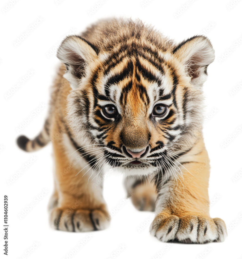 Obraz premium Playful tiger cub exploring its surroundings, cut out - stock png.