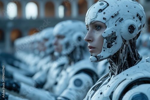 A row of advanced humanoid robots stands poised in a futuristic interpretation of the ancient Colosseum, blending tradition with advanced technology in a striking visual.