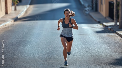 A woman running for exercise on a street, surrounded by an empty backdrop