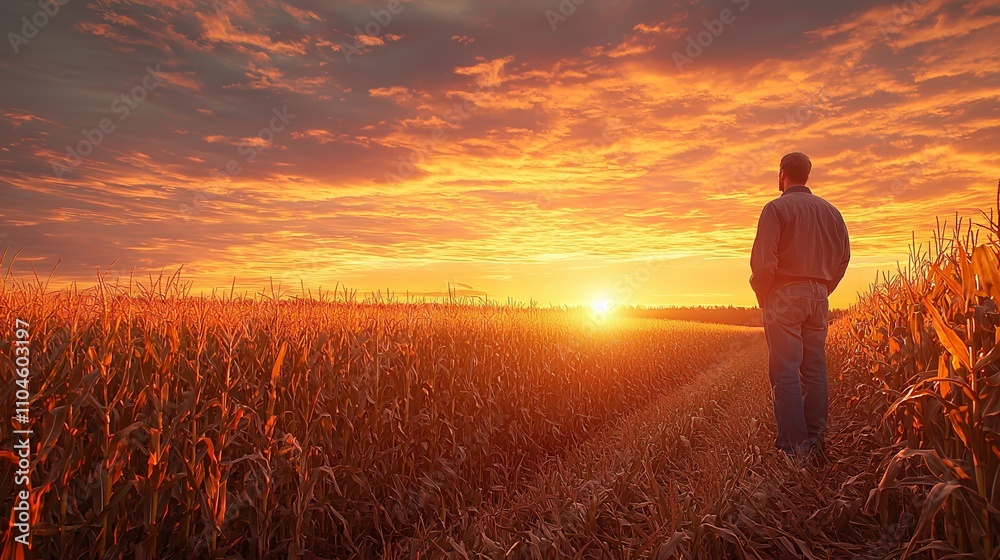 Fototapeta premium Man Watching Sunset Over Golden Cornfield