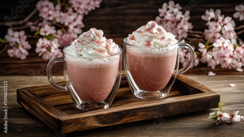 Two Elegant Glass Cups of Sweet Pink Beverage with Whipped Cream