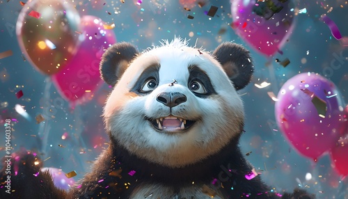 A Joyful Panda Staring Upward Amid Vibrant Balloons and Sparkling Confetti
