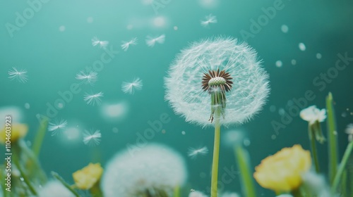 A close-up of a dandelion puff releasing seeds in a serene, nature-filled environment.