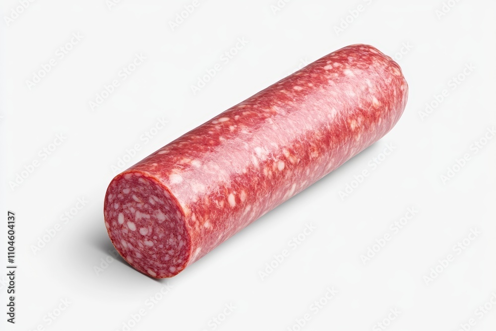 A long red sausage is shown on a white background A long red sausage is shown on a white background