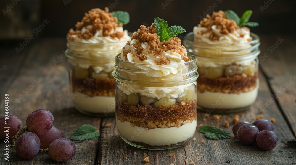 Delicious Layered Dessert in Jars with Cream and Grape Toppings Delicious Layered Dessert in Jars with Cream and Grape Toppings