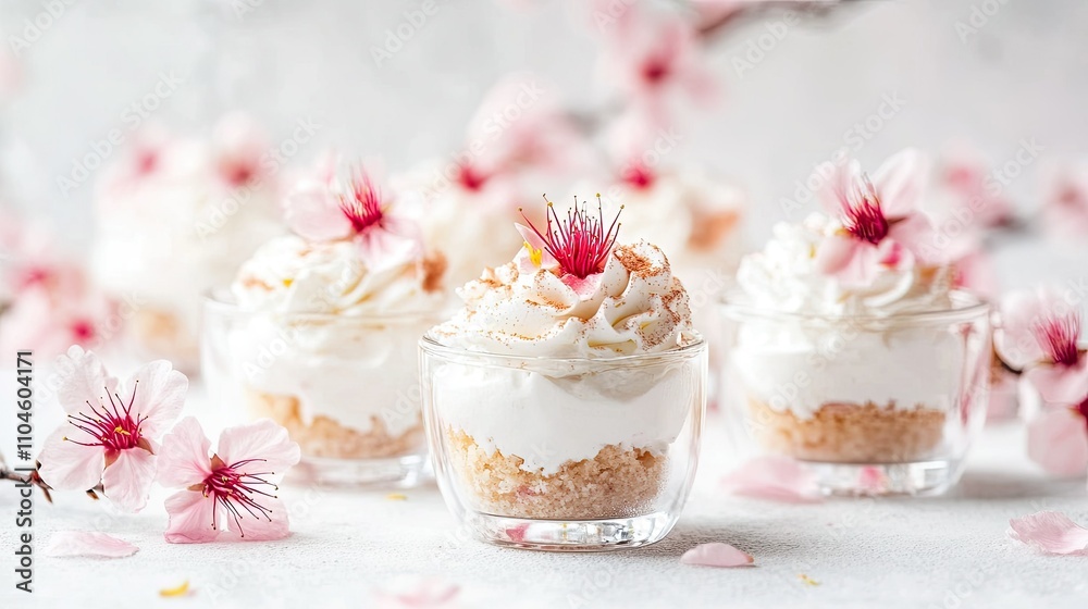 Delightful Mini Desserts with Cherry Blossoms and Cream Topping Delightful Mini Desserts with Cherry Blossoms and Cream Topping