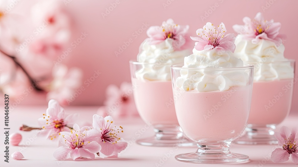 Delicate Pink Desserts with Cherry Blossom Decoration on Soft Background Delicate Pink Desserts with Cherry Blossom Decoration on Soft Background