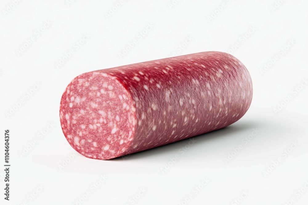 A long red sausage is shown on a white background A long red sausage is shown on a white background