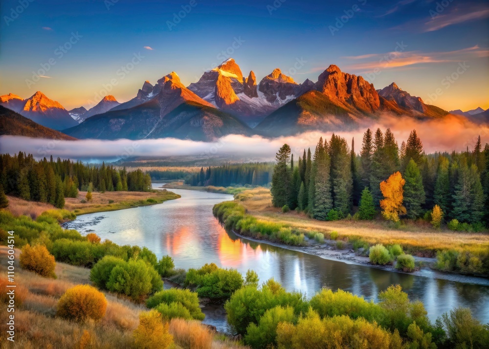 Obraz premium Breathtaking Morning Panorama of Buffalo Fork River Valley with Mist and Grand Teton Mountains: Architectural Photography of Nature's Beauty