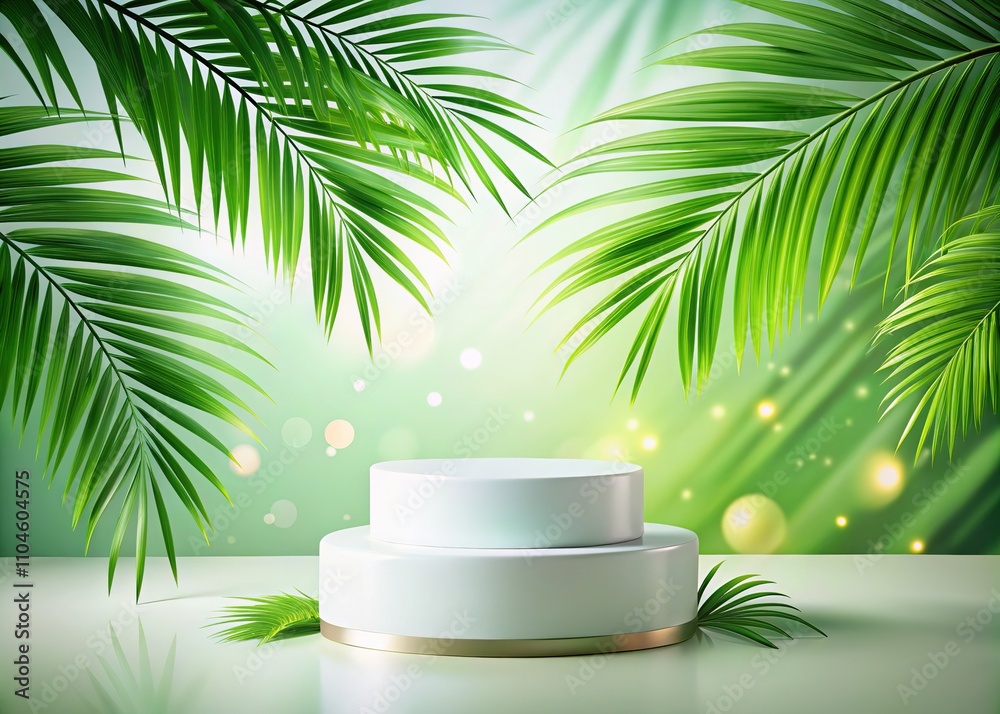 Obraz premium 3D Minimalist White Cylinder Podium, Coconut Leaves, Beauty Product Mockup