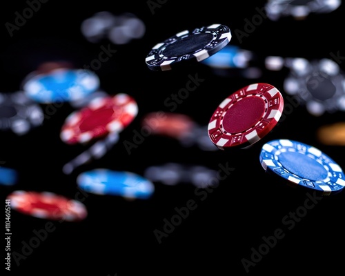Casino chips falling mid-air with dramatic lighting on a black background