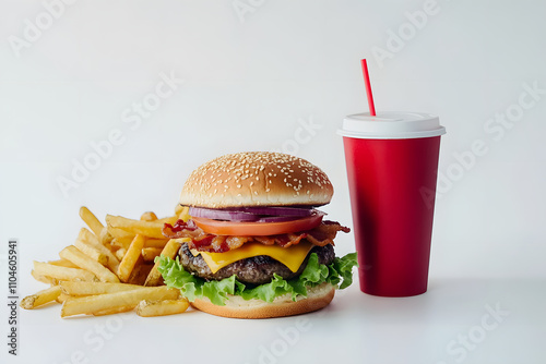 Delicious fast-food combo featuring sesame seed burger with lettuce, tomato, red onion, cheese, and crispy bacon served with golden french fries.