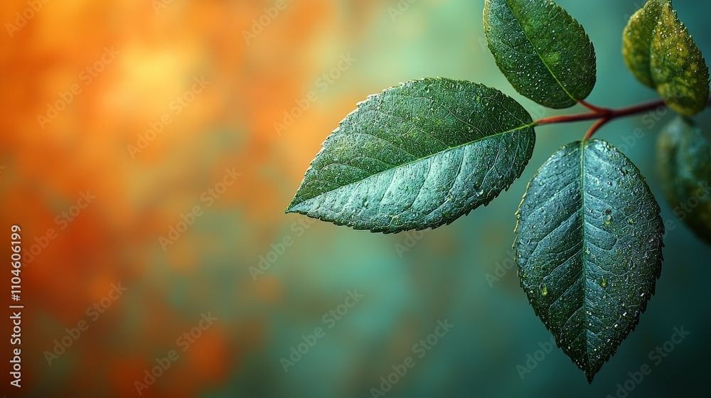 Close-up of green leaves with droplets, set against a blurred colorful background. Close-up of green leaves with droplets, set against a blurred colorful background.