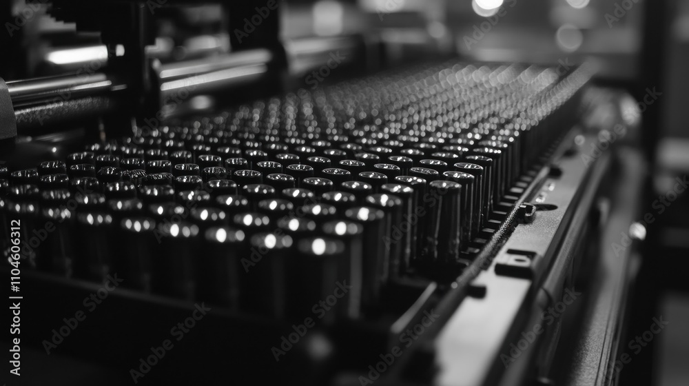 Close-up of a row of metallic components on a machine, showcasing industrial precision. Close-up of a row of metallic components on a machine, showcasing industrial precision.