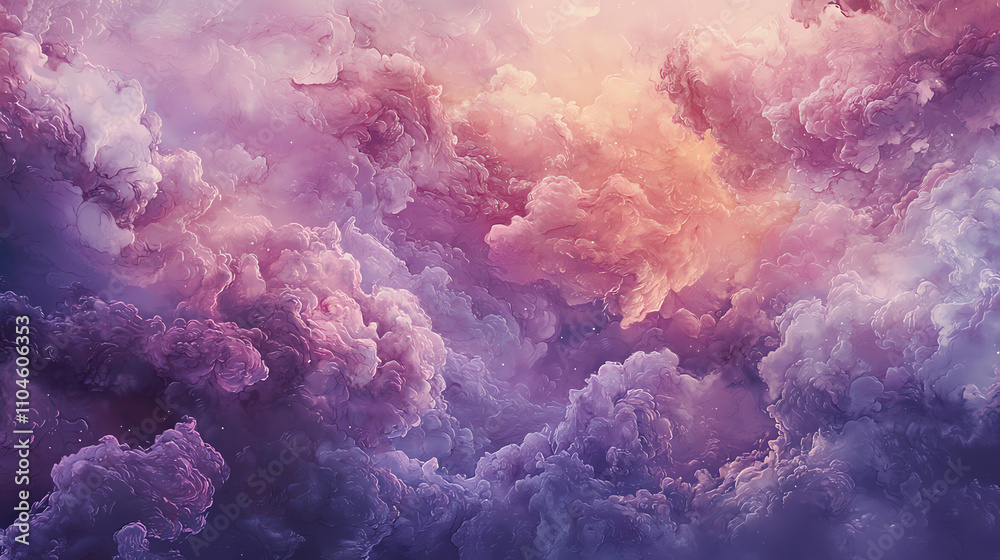 Vibrant purple and pink mist clouds create a dreamlike atmosphere in a serene sky during twilight Vibrant purple and pink mist clouds create a dreamlike atmosphere in a serene sky during twilight