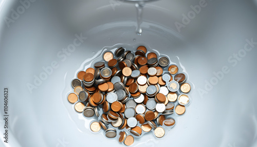 cleaning coins in wash basin sink. wasting and lost money when leaving the water open concept. high cost water utilities bill debt isolated with white highlights, png