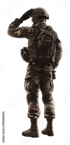 Soldier in camouflage saluting at dawn, cut out - stock png.