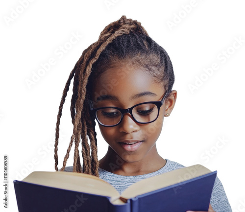 Young girl reading a book with interest indoors, cut out - stock png. photo