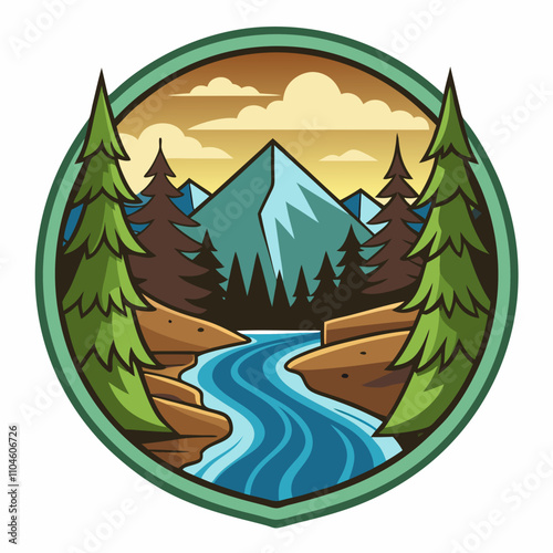 A badge logo with a forest stream flowing toward the viewer