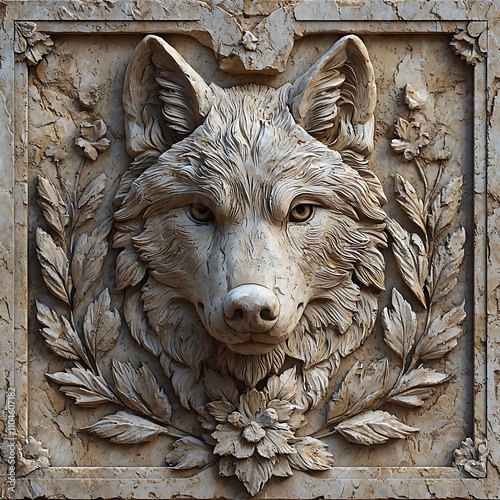 Intricate Stone Carving of a Wolf's Head Surrounded by Floral Detail. photo