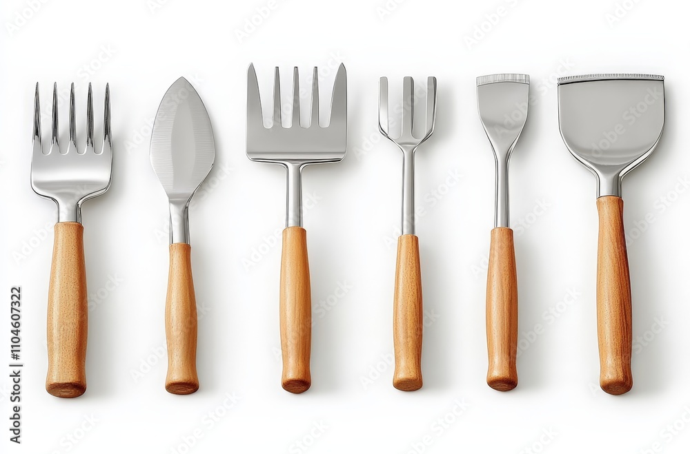 Fototapeta premium Gardening Tools Set Wooden Handle Weeding Fork Trowel Cultivator Rake Garden Fork White Background