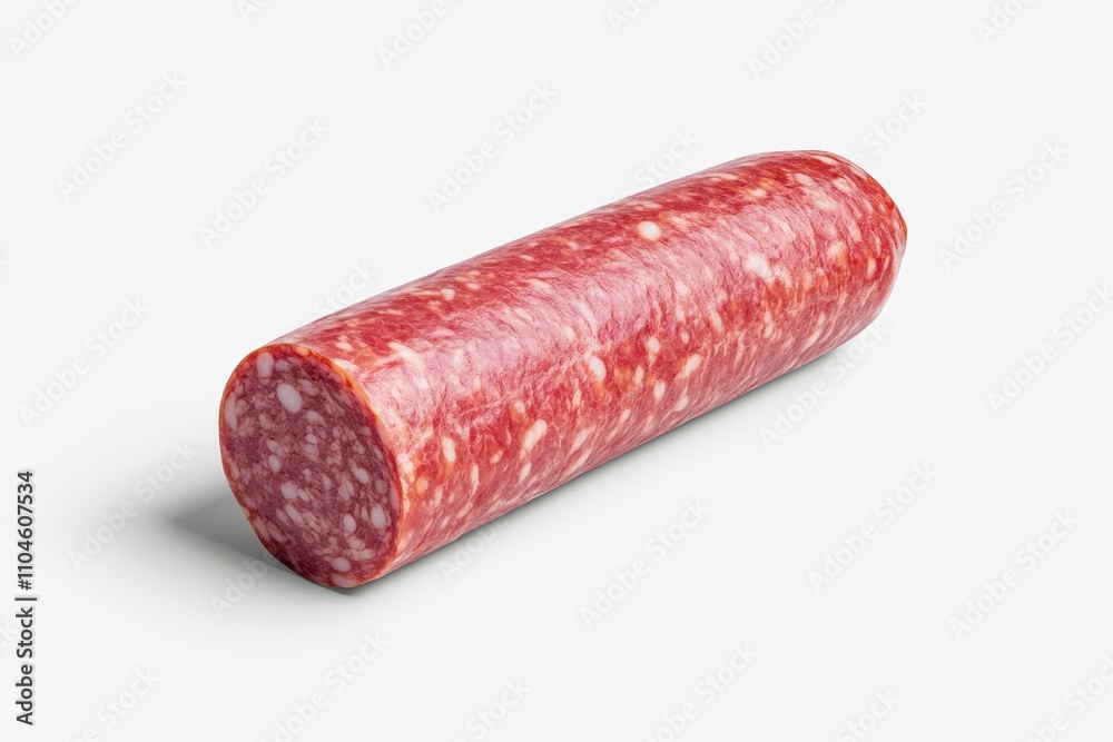 A long red sausage is shown on a white background A long red sausage is shown on a white background