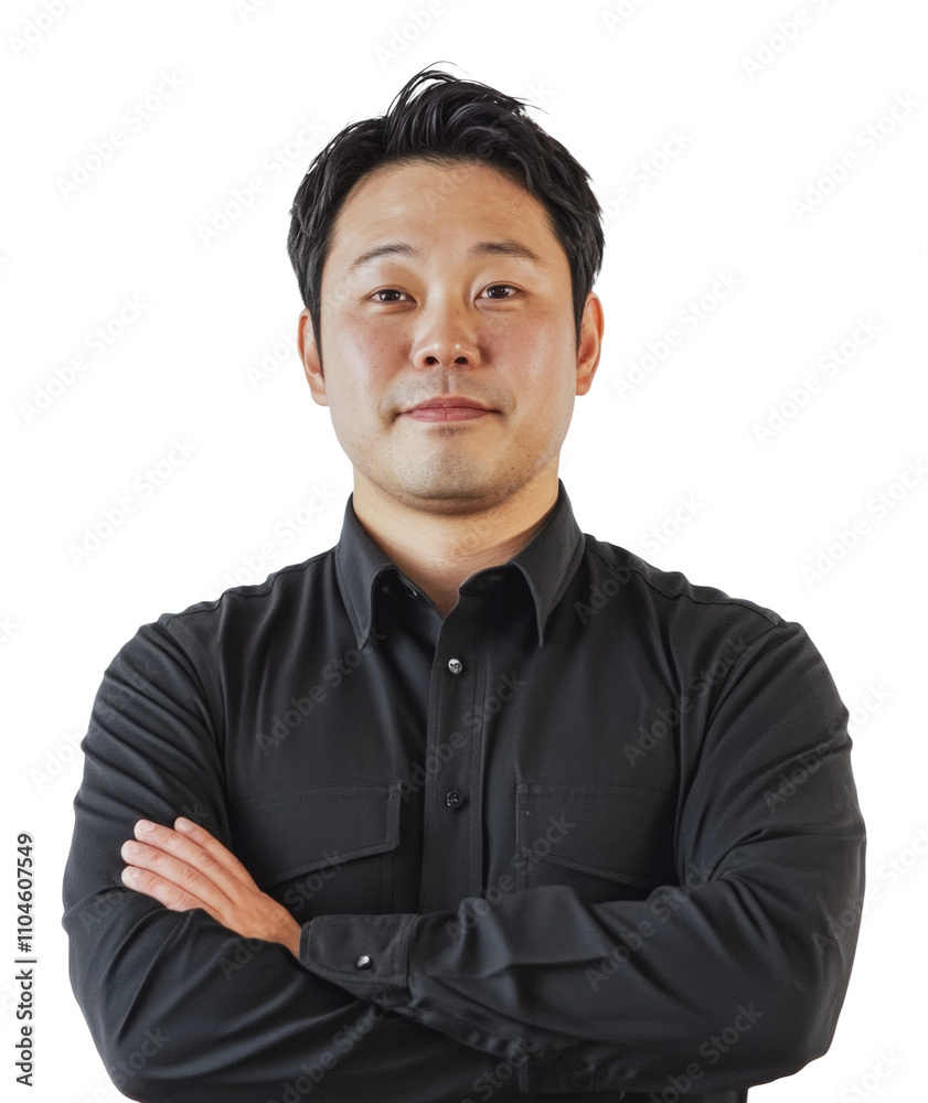 Confident man standing with crossed arms indoors, cut out - stock png.