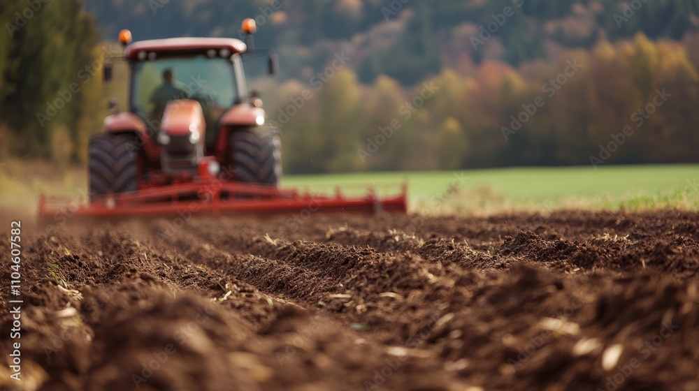 Close-up of a modern plow attached to a tractor, turning over the soil in a farmland Close-up of a modern plow attached to a tractor, turning over the soil in a farmland
