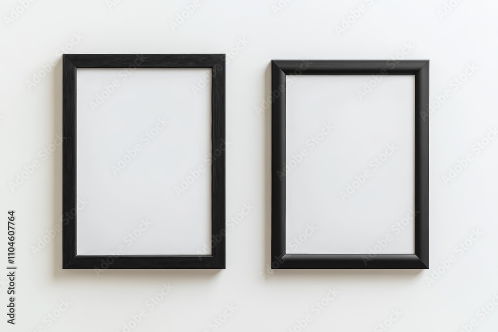 Two black framed white picture frames on a white wall Two black framed white picture frames on a white wall