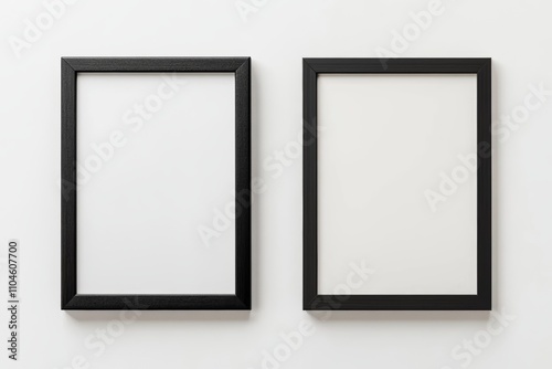 Two black and white framed pictures are hanging on a white wall