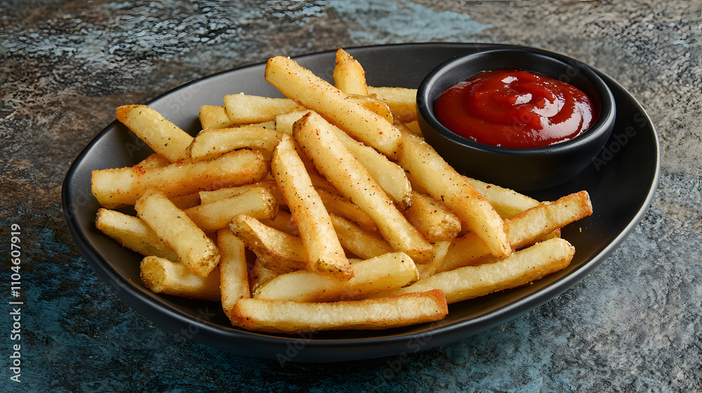 Golden crispy french fries served with a small black bowl of rich red ketchup Golden crispy french fries served with a small black bowl of rich red ketchup