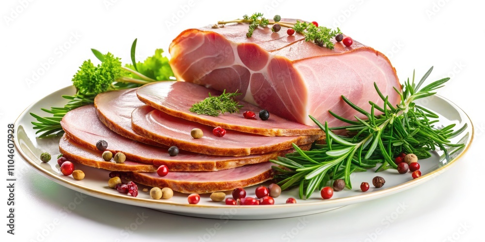 Delicious Double Exposure of Smoked Ham on a Plate with Fresh Herbs, Isolated on White Background for Culinary and Food Photography Delicious Double Exposure of Smoked Ham on a Plate with Fresh Herbs, Isolated on White Background for Culinary and Food Photography