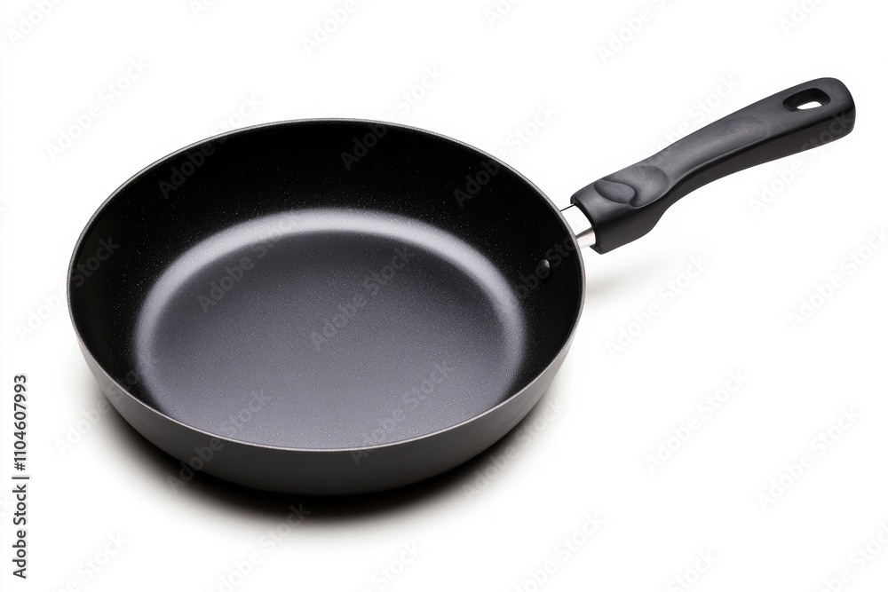 A black pan with a handle sits on a white background A black pan with a handle sits on a white background
