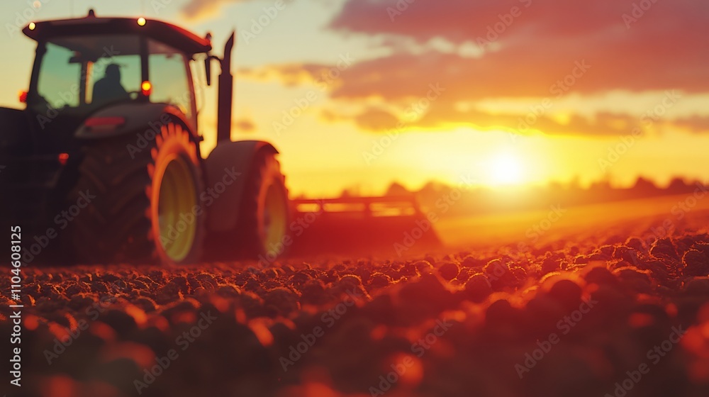 Close-up of a tractor plowing a field at sunset, without people
