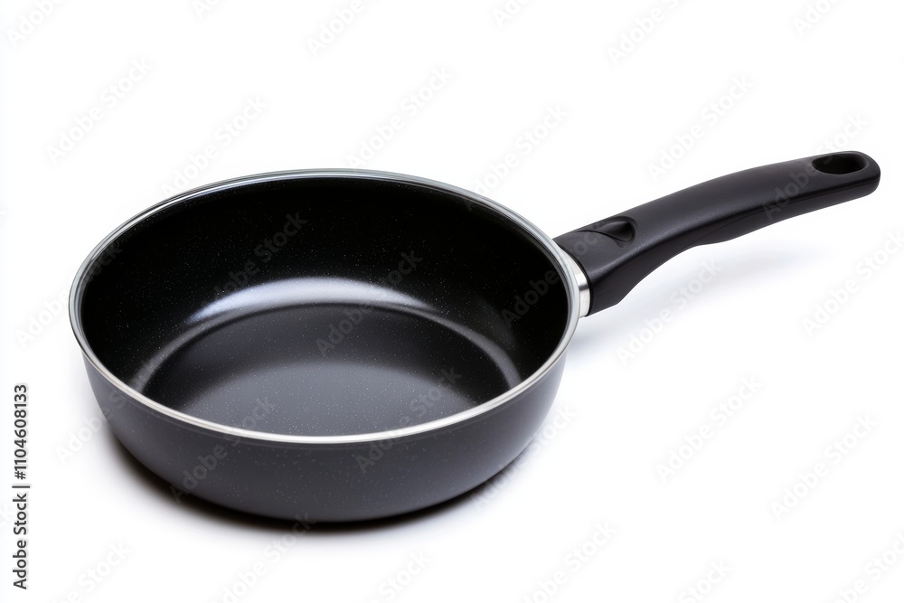 A black pan with a handle sits on a white background A black pan with a handle sits on a white background