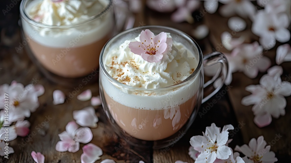 Coffee with Cream and Cherry Blossom Decor on Wooden Table Coffee with Cream and Cherry Blossom Decor on Wooden Table