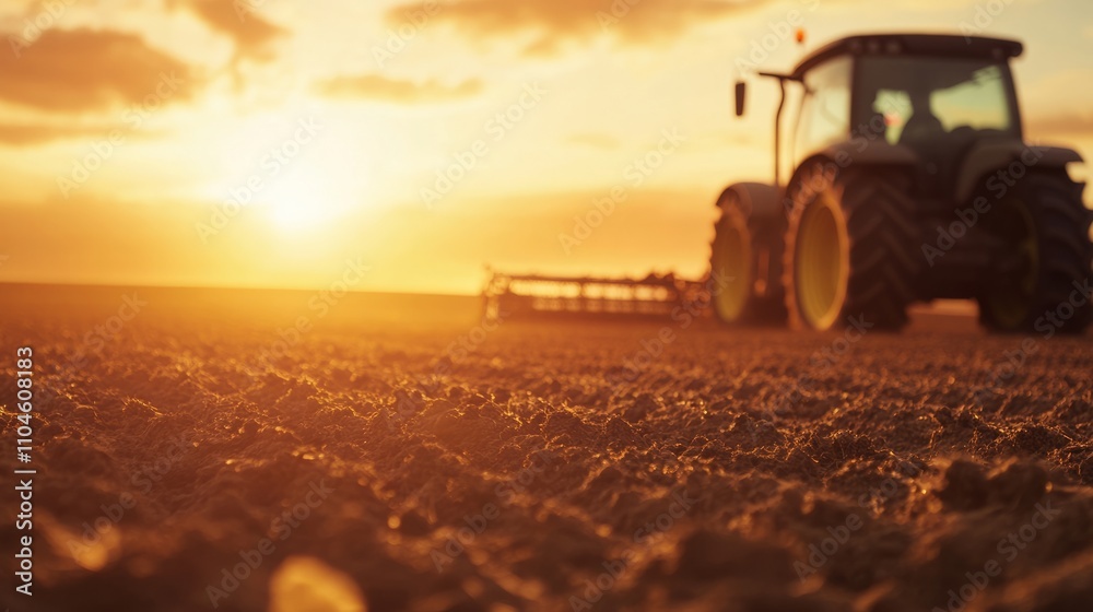 Fototapeta premium Close-up of a tractor pulling a seed drill in an expansive field during sunrise,