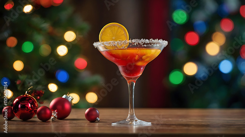 Festive Christmas cocktail in a martini glass garnished with orange slice and sugar rim, on wooden table with ornaments and blurred Christmas tree lights.