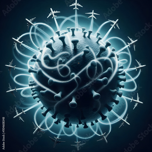 Airborne Diseases: A virus made of airplane trails, symbolizing the global spread of infections