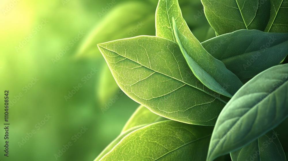 Fototapeta premium Close-Up of Fresh Green Leaves with Natural Light in Background