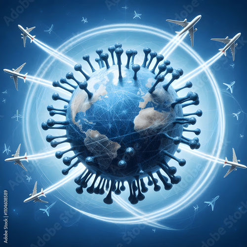 Airborne Diseases: A virus made of airplane trails, symbolizing the global spread of infections