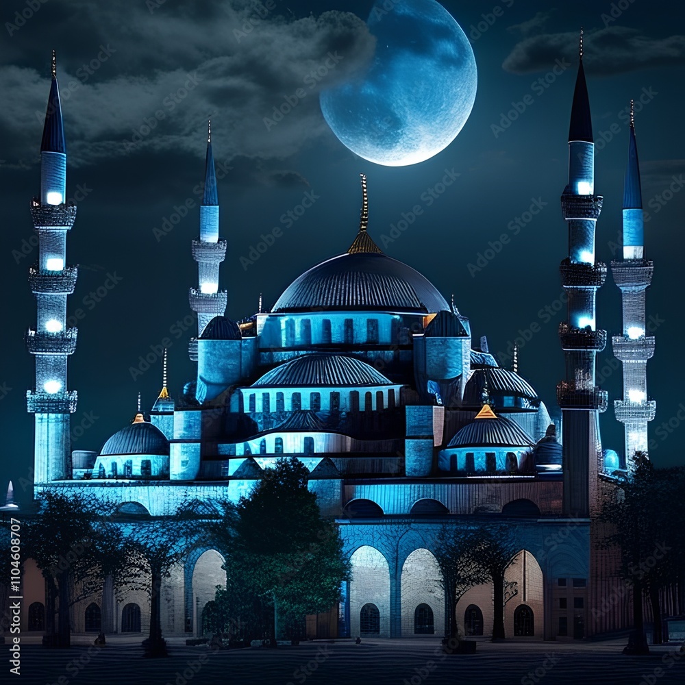Blue mosque at night with full moon and full moon. 3D rendering Stock ...